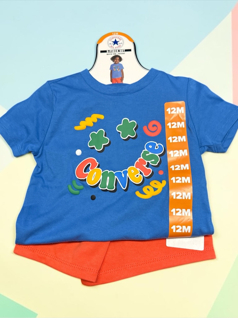 Converse Bright Blue Graphic Baby Tee with Orange Shorts